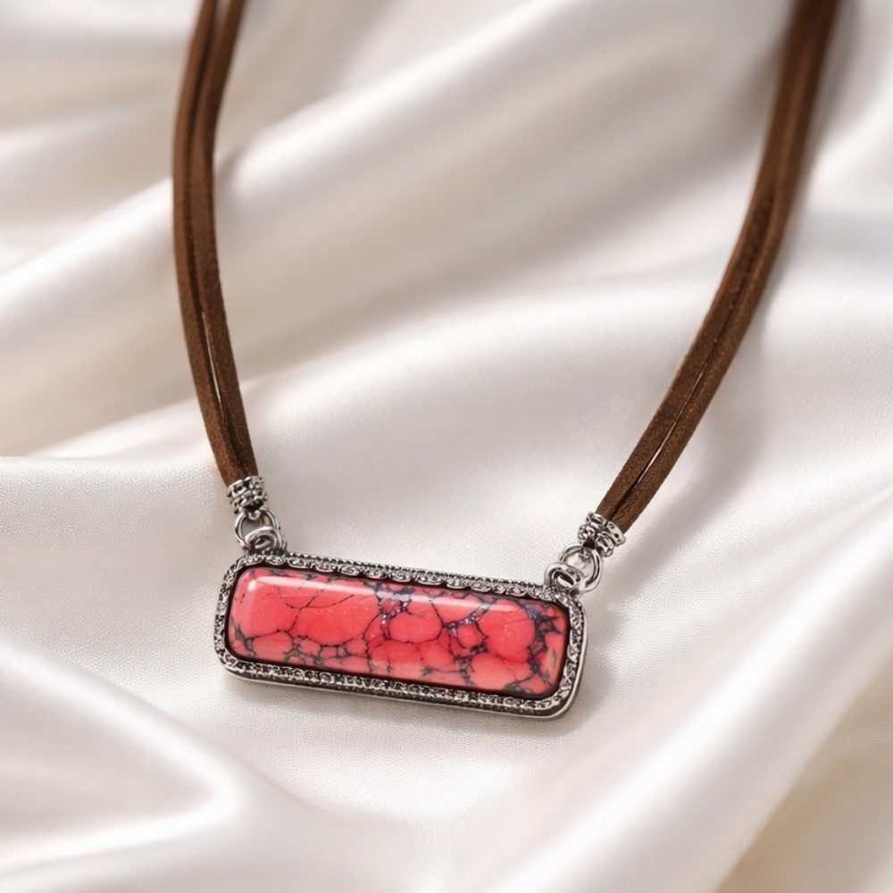 Tani Red Stone Bar Necklace with Faux-leather Brown Chain